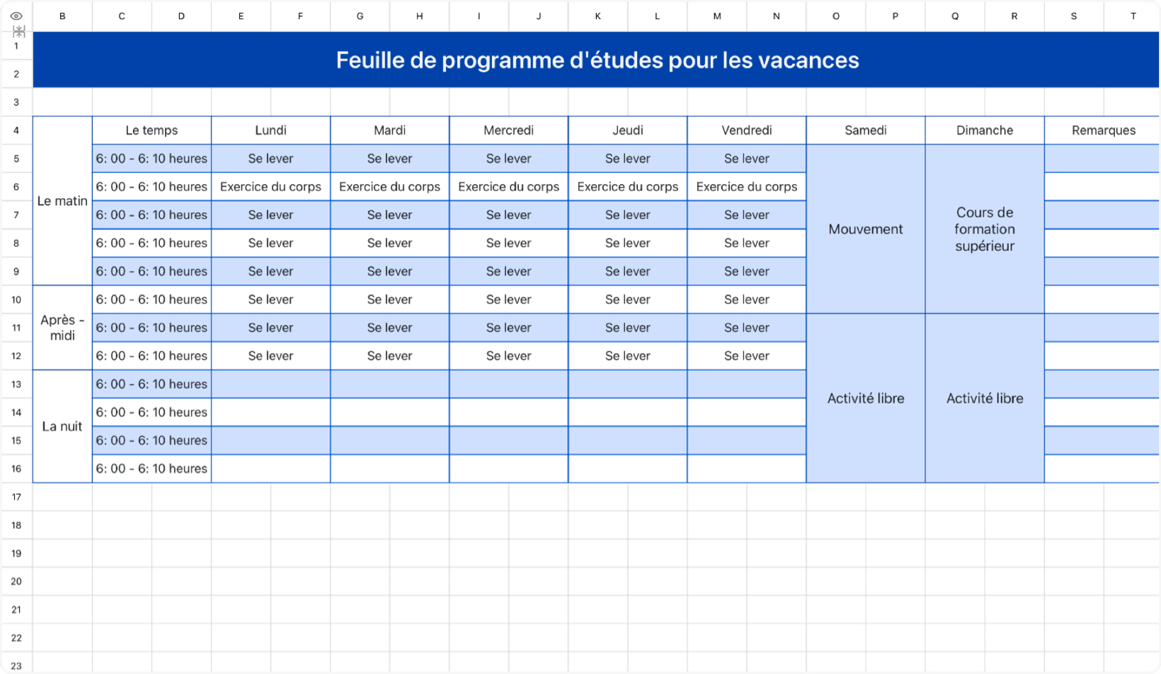 Feuille de programme d'études pour les vacances